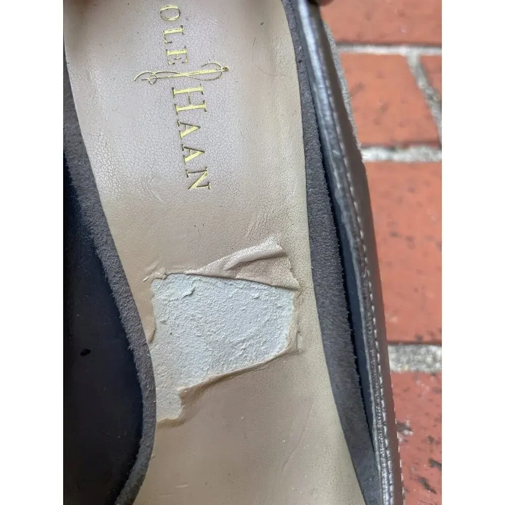 Cole Haan Slingback Peep Toe Pumps Sz 5B Taupe Suede Metallic Trim Block Heel